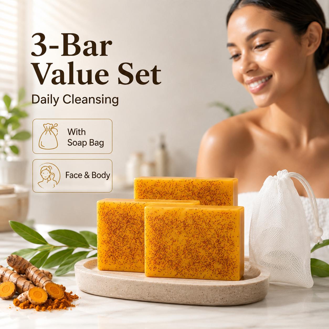Turmeric Bar Soap with Lemon & Kojic Acid - Shea, Tea Tree Infused Gentle Brightening Soaps, Daily Face & Body Care Cleanser, Sensitive Skin Repair, Summer Acne Care Multi-Pack with Bubble Net & Saver Bag Set, Face Care, Solid Bar