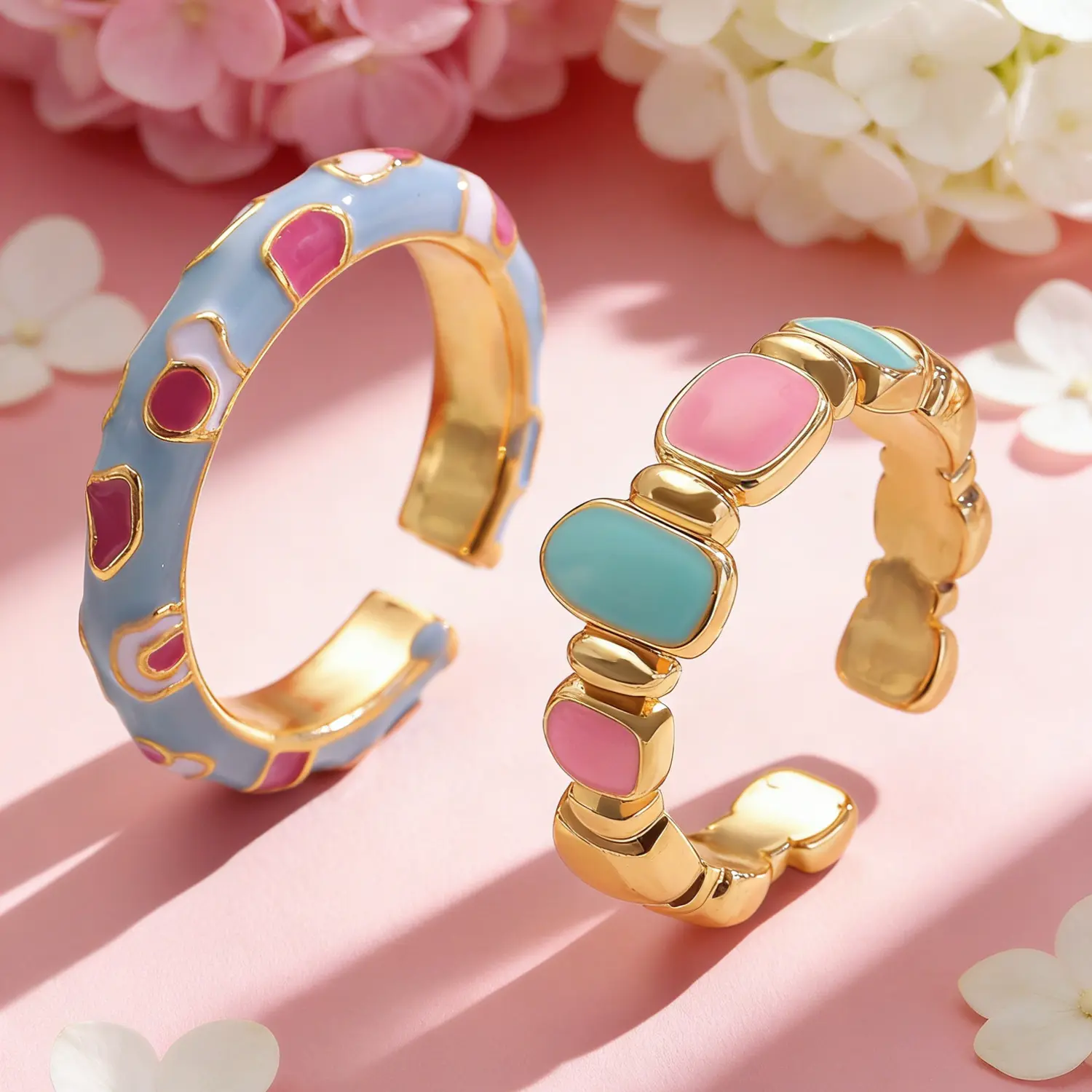 Young Girls' Geometric Enamel Ring Pair - Cute, Soft Pastel, Small, Layered, Tarnish-Free, Stackable Adjustable Fashion Costume Jewelry, Lightweight Comfortable Ethereal Niche Accessories, Ideal for Campus Wear, Dating Gifts, Cute Rings