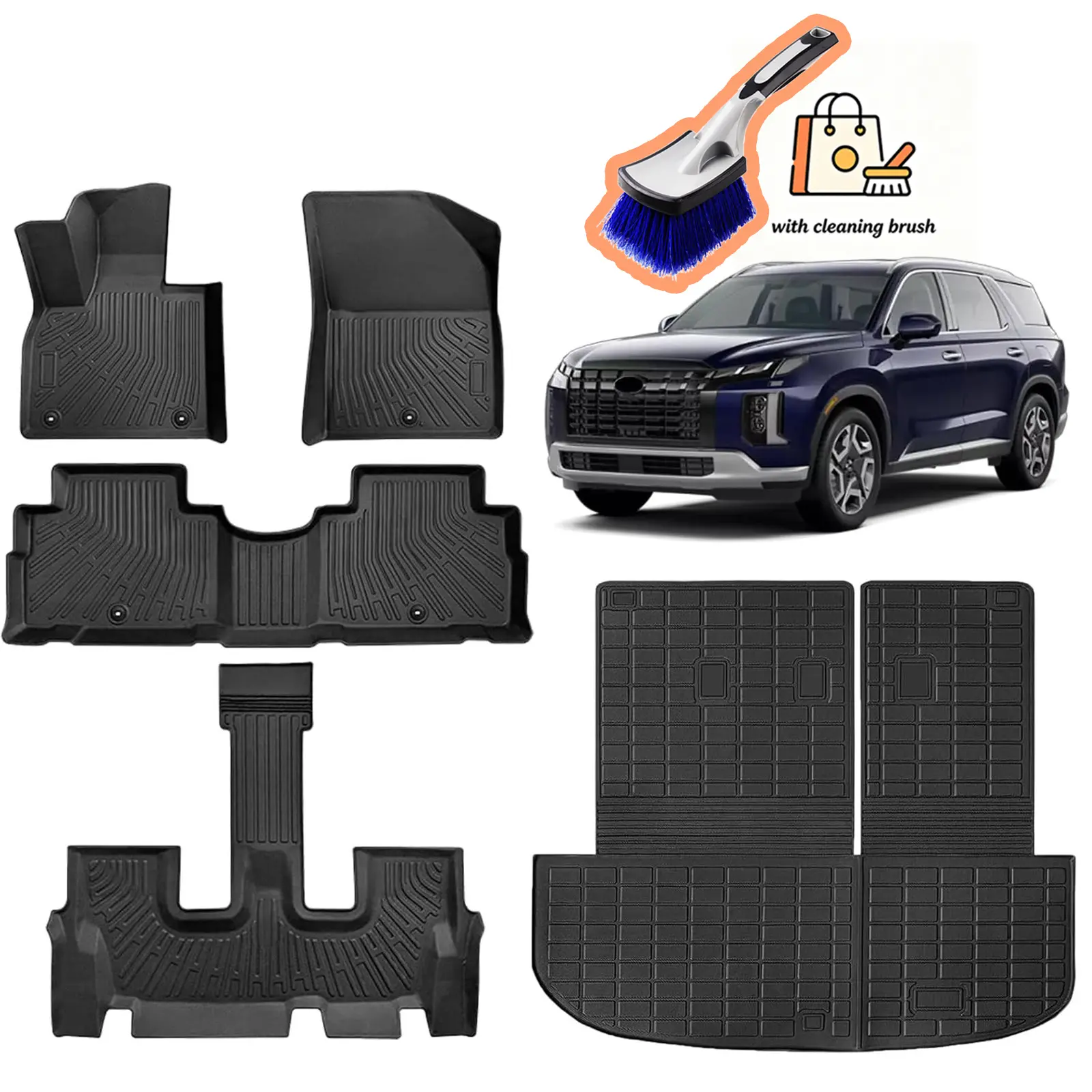Canvcle TPE Interior Kit for 7-Seater Hyundai Palisade 2020-2025, All Weather Floor Mats & Trunk Mat Set with Back Seat Protector, High Edges, Non-Slip, Snap Buckle Fix, Edge-To-Edge Coverage, Easy to Clean, Durable, Buy Now Get Free Cleaning Brush
