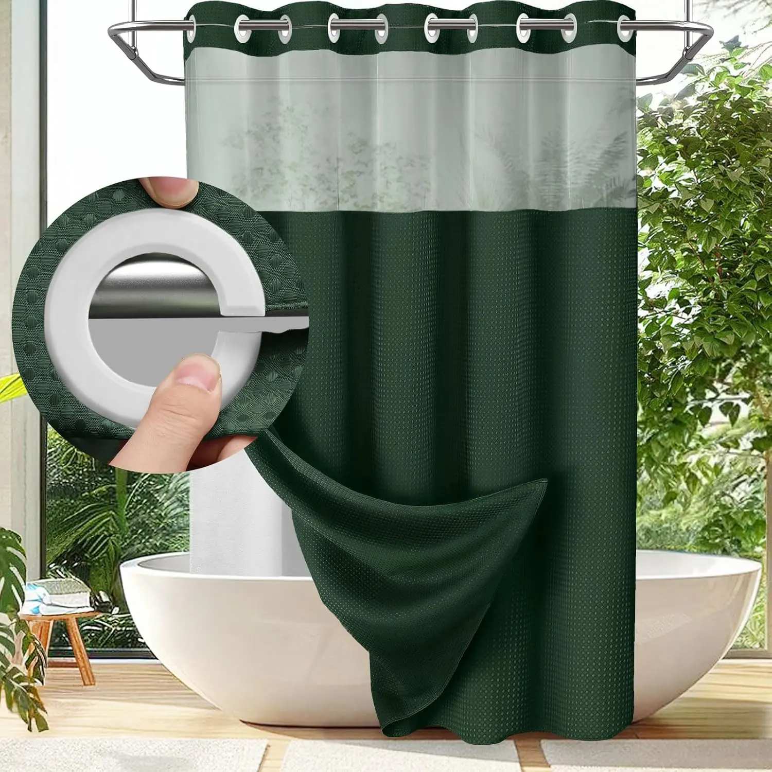 71x74 Inch Hook-Free 3-in-1 Modern Shower Curtain with Light Sheer Panel Window, Removable Snap-In Washable Water-Resistant Liner, Luxury Hotel-Style Waffle Weave Double-Layer Design, Magnetic Corners, Quick Install