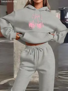 Women's Drawstring Hoodie Sweatshirts with Cherry Letter Design, Short Fit Fitted Cropped Casual Fashion, Comfortable and Stylish for Fall & Winter