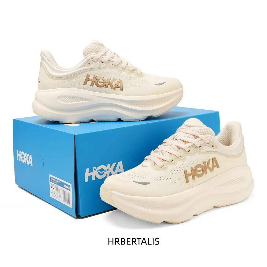 Unisex lightweight running sneakers with cream breathable mesh and warm gold logo. Matching thick cloud midsole absorbs impact, great for jogging, gym, commuting and long-hour standing.