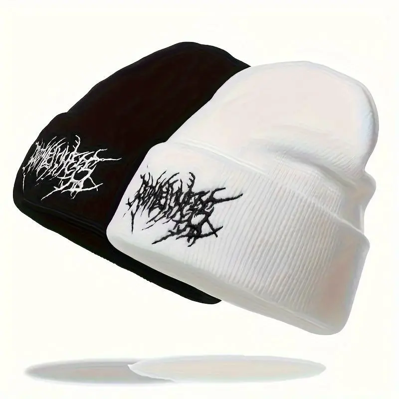 2pcs Soft Embroidered Beanie, Stylish Gothic Knit - Warm, Fashionable Street Ski Cap For Men And Women - Casual Winter Accessory
