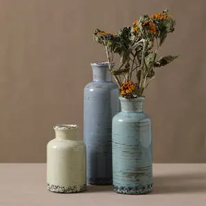 Vintage Ceramic Vase Set 3 Piece, Retro Decorative Bottles, Cylinder Table Centerpiece, Home Decoration Small Vases, Rustic Farmhouse Style