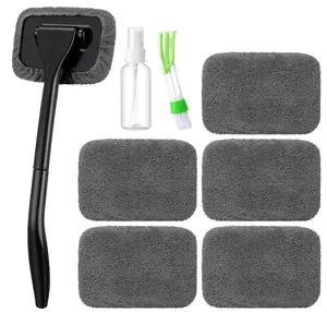 Car Windshield Cleaner Tool Kit with Extendable Handle Microfiber Towels Brush & Spray Bottle for Auto Glass Wiper SUV RVs Home Windows Grey
