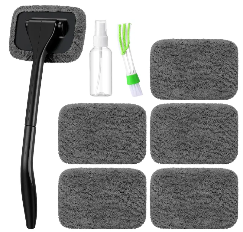 Car Windshield Cleaner Tool Kit with Extendable Handle Microfiber Towels Brush & Spray Bottle for Auto Glass Wiper SUV RVs Home Windows Grey