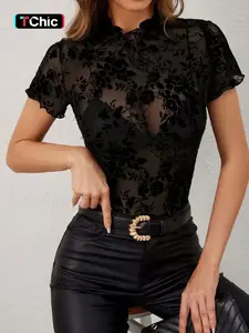 Women's Sexy Chic Short Sleeve T-Shirt, Stand Collar Design, Mesh Velvet Material, Slim-Fitting, All over Print Floral, Spring Summer New Arrival