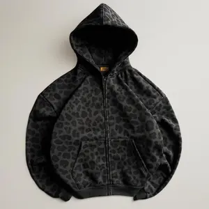 Fashion Zipper Hoodie Leopard Print Sweatshirt Streetwear Retro Dark Slim Fit Unisex Loose Fit Plant Womenswear