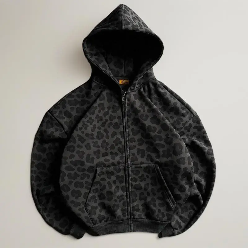 Fashion Zipper Hoodie Leopard Print Sweatshirt Streetwear Retro Dark Slim Fit Unisex Loose Fit Plant Womenswear