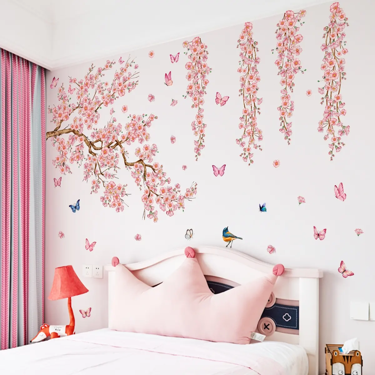 A set of three pink floral spring vine wall stickers for bedroom and living room background walls, home decoration stickers, Decorative Wall Sticker, Wall Decal, self-adhesive M16084-YJ, Floral Pattern Sticker, Flower Wall Decals
