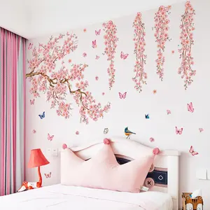A set of three pink floral spring vine wall stickers for bedroom and living room background walls, home decoration stickers, Decorative Wall Sticker, self-adhesive M16084-YJ, Floral Pattern Sticker