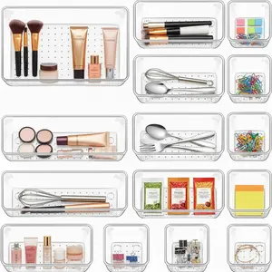 Clear Plastic Drawer Organizer Set (15-Piece) – Stackable Storage Trays for Makeup, Kitchen & Office Drawers etc Non-Slip, BPA-Free, Space-Saving Organizer Bins