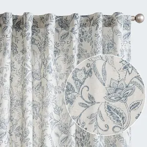 Curtains Farmhouse Blue Floral Print Curtains 63 Inches Long Back Tab Drapes for Living Room Bedroom Semi Sheer Patterned Vintage Curtains 2 Panels Set Rod Blue on Beige