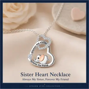 Sister Necklace for Women | Heart Elephant Necklace for Her | Cubic Zirconia Sterling Silver Pendant Engraved Always My Sister Forever My Friend |18 Inch Curb Chain