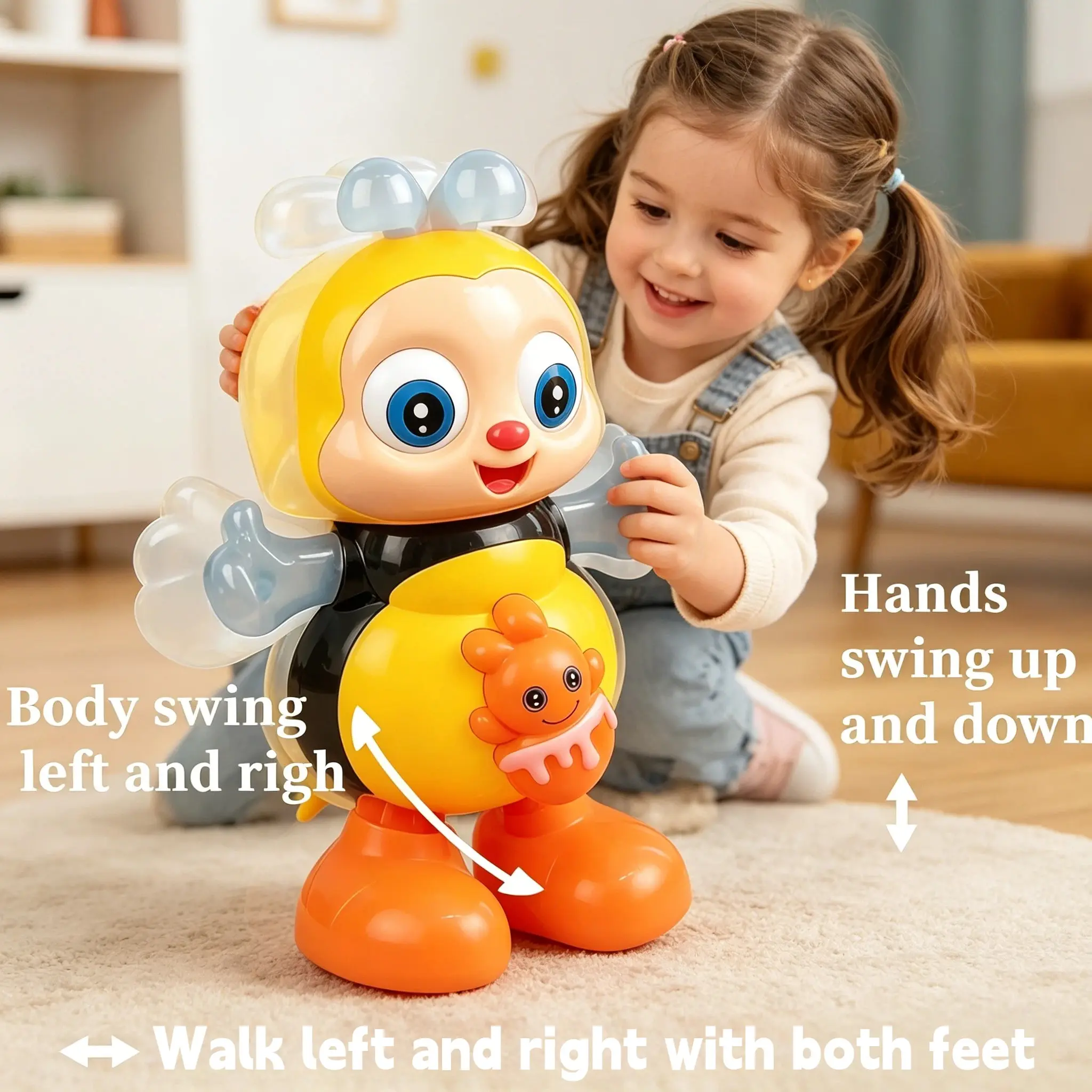 Electric Dancing bee toy with music, Play, and LED light effects, body can bend and swing, perfect for interactive sensory learning for young children, ideal for babies and infants, excellent gift