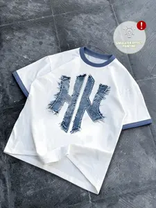 American Vintage Hn Cowboy Patch Colorblock Neck Short Sleeve T-Shirt, Men's Summer Fashion Loose Fit Top, Trendy Casual Wear