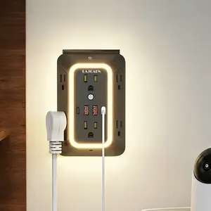 Surge Protector Power Strip - 6 Outlets 4 USB (2 USB C) Charging Ports With Night Light, 3-Sided Power Strip with Adapter Spaced Outlets for Home Office,College Dorm Room （BLACK）