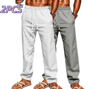 Men’s drawstring elastic-waist loose casual pants two-piece set, minimalist casual style, lightweight and breathable, skin-friendly and comfortable, versatile straight-leg fit, easy to pair for everyday beach outings.