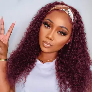 Red Burgundy Headband Wig Human Hair 99j Curly Headband wigs for Women Glueless None Lace Front Wig Curly Half Wig Human Hair With Headbands Machine Made Head band Wig dealsforyoudays