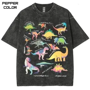 Retro Acid Wash Dinosaur Chart T-Shirt Vintage Grey Unisex Tee