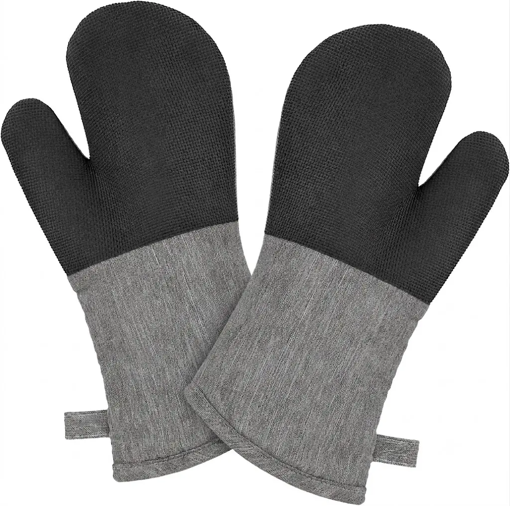 Silicone Oven Mitts - Heavy-Duty Heat-Resistant Non-Slip Denim Charcoal Fabric Bakeware Gloves with Hanging Loop, 1 Pair (Random Color)