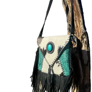 Boardwalk Women's Leather Purse with Turquoise Stone and Fringe Accents Featuring Multiple Color Dimensions