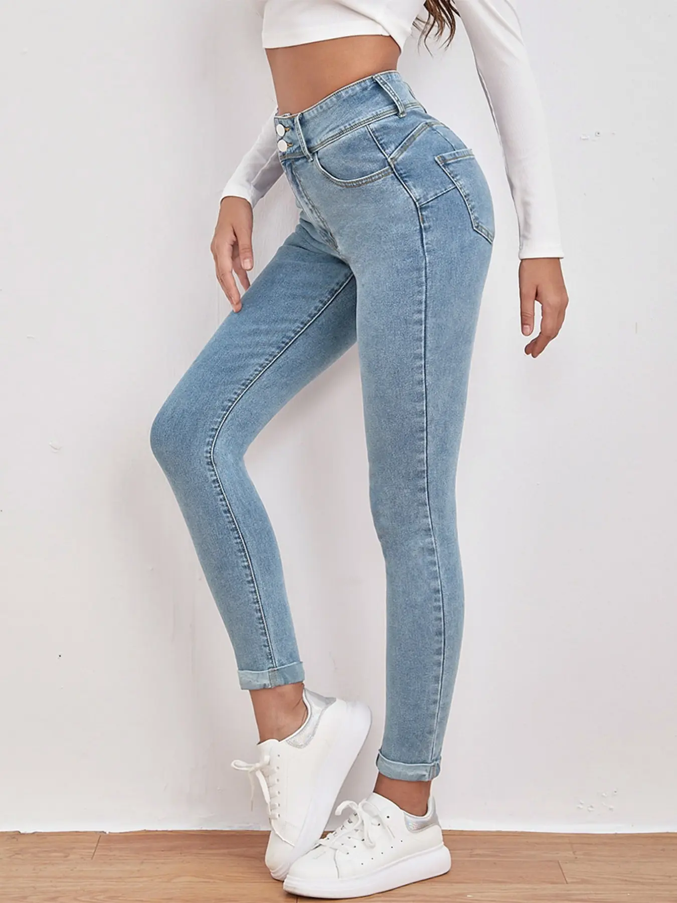 High Street Vintage High Waist Denim Jeans, Slimming Peach Butt Skinny Fit, Double Button Design, Casual Design Jeans, Women's Fashion Pants, Light Wash