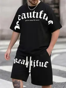 Men's street style letter print T-shirt and shorts set with letter print patterns, matching drawstring waist shorts, suitable for daily casual wear, urban fashion style, summer outings, and hip-hop streetwear enthusiasts.