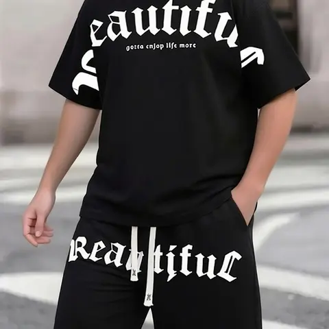 Men's 2-Piece Streetwear Shortsleeve Menswear Set - Polyester Top, Drawstring Waist Shorts for Daily Casual Summer Outfits & Hip-Hop Enthusiasts