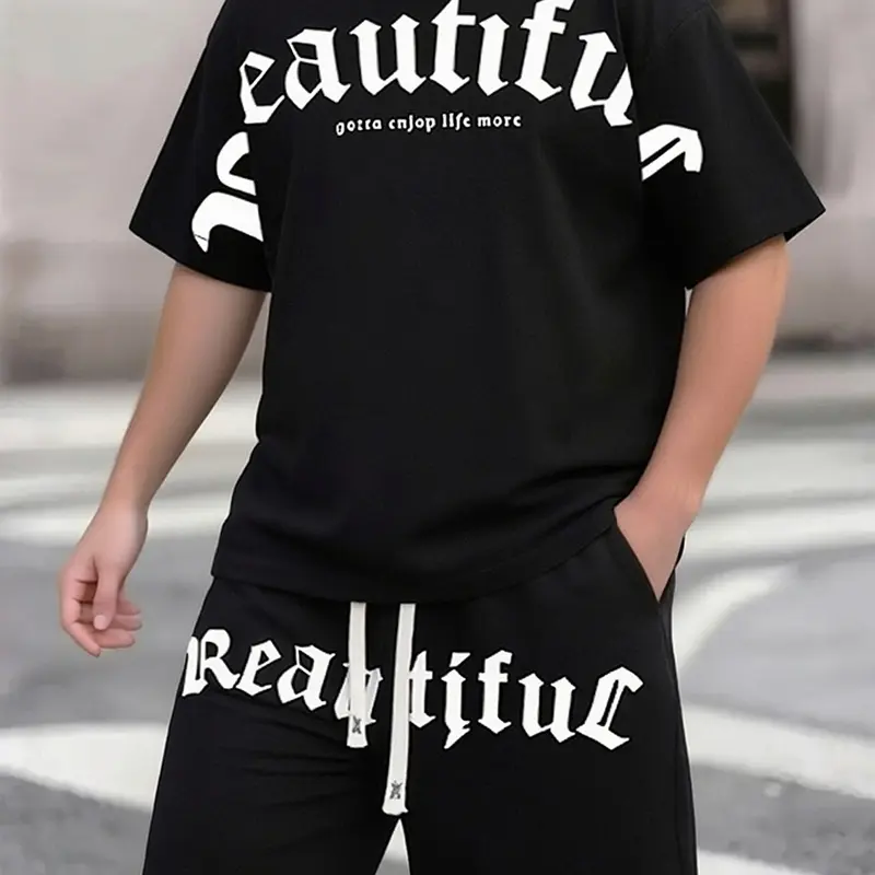 Men's 2-Piece Streetwear Shortsleeve Menswear Set - Polyester Top, Drawstring Waist Shorts for Daily Casual Summer Outfits & Hip-Hop Enthusiasts