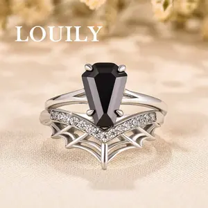 Louily Jewelry 2.5ct Unique Black Stone Split Shank Spider Design Coffin Cut Wedding Ring Set,5A Cubic Zirconia Promise Ring, Bridal Set Rings,Anniversary Ring for Women