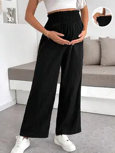 Womens Maternity Textured Solid Color Loose Pants – Breathable Wide-Leg Summer Bottoms | Comfortable Over-the-Belly Pregnancy Trousers & Versatile Lightweight Wide-Leg Culottes for Expecting Mothers