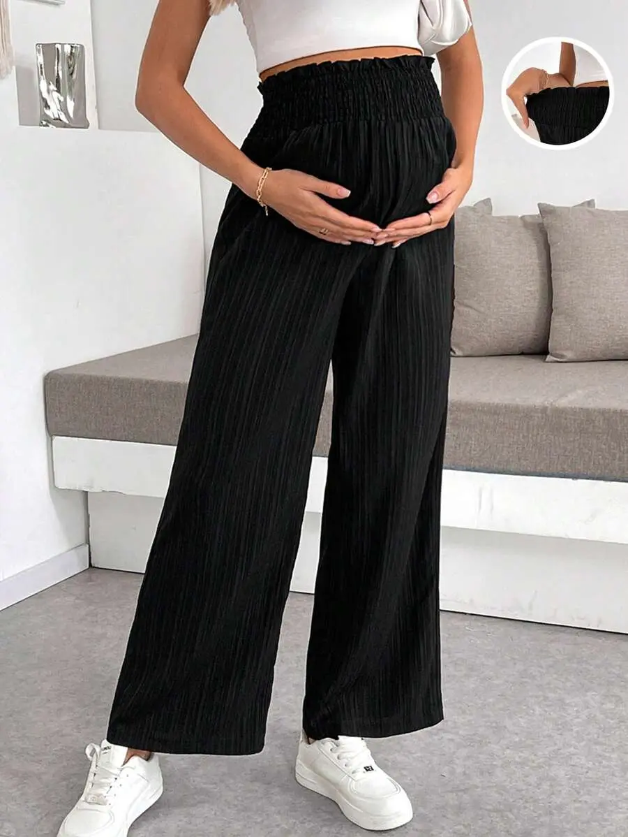 Womens Maternity Textured Solid Color Loose Pants – Breathable Wide-Leg Summer Bottoms | Comfortable Over-the-Belly Pregnancy Trousers & Versatile Lightweight Wide-Leg Culottes for Expecting Mothers