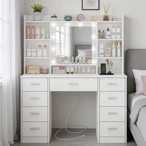 Modern Vanity Table with 12 LED Lights, Mirror, Power Outlet & 9 Drawers - Makeup Dresser, Bedroom Indoor Furniture for Spring Glow Up