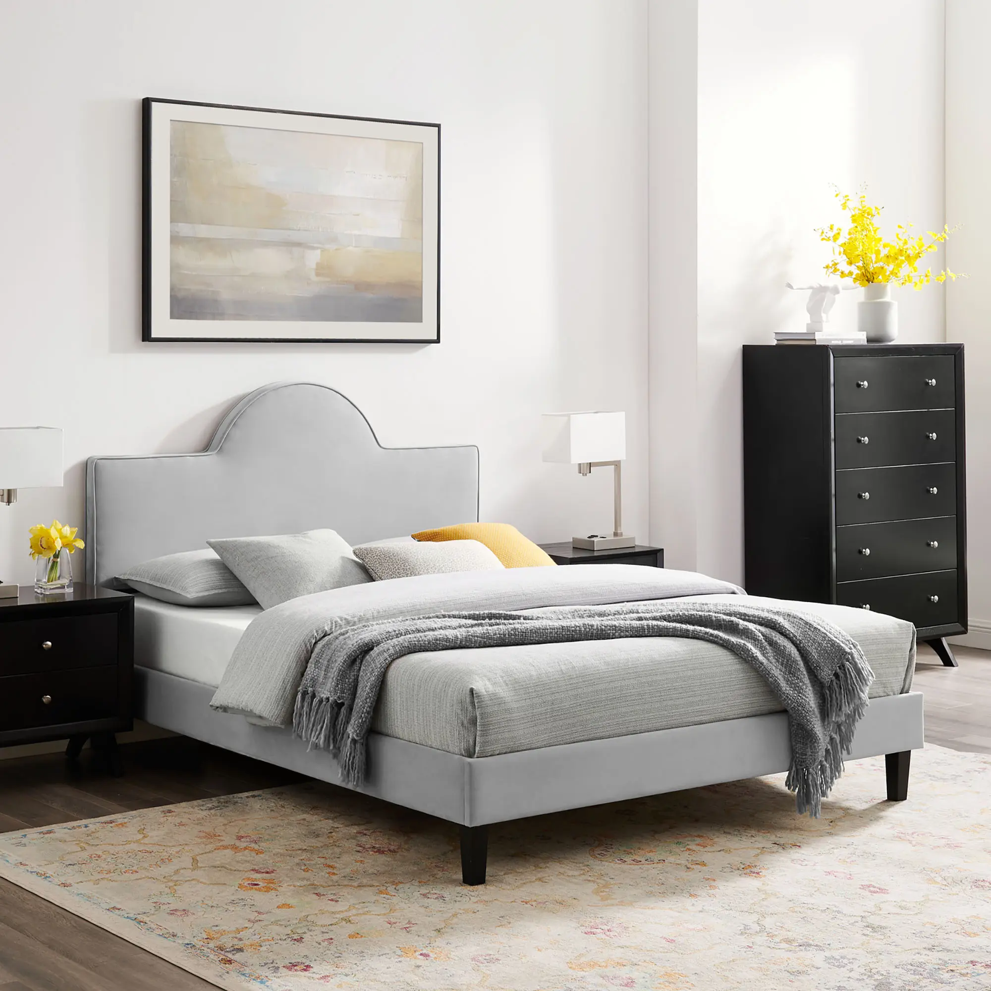 Modway Soleil Performance Velvet Twin Bed in Light Gray
