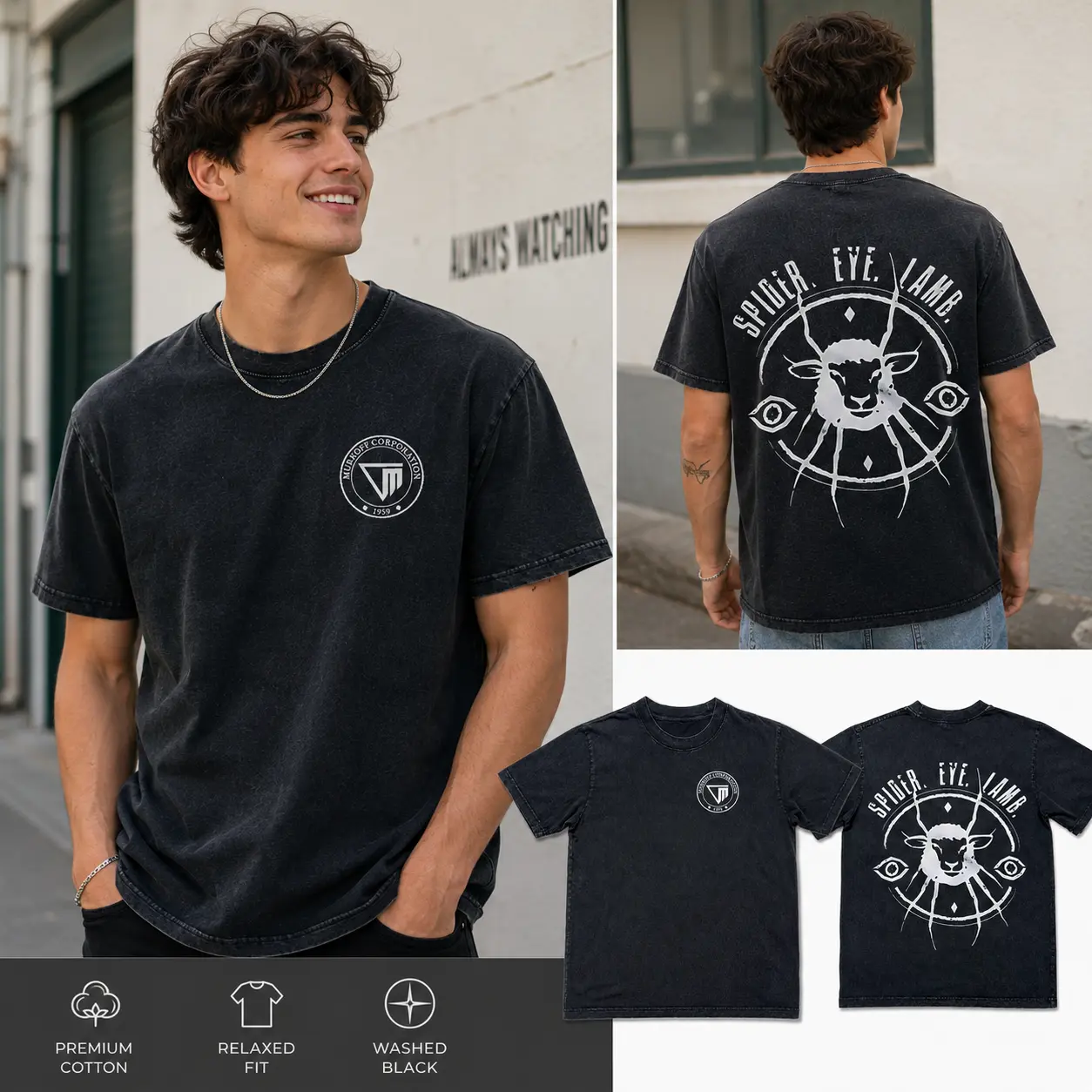 Neko Gear The Outlast Trials Spider Eye Lamb Men’s Washed Graphic T-Shirt, Front & Back Print Crew Neck Short Sleeve Casual Streetwear Menswear