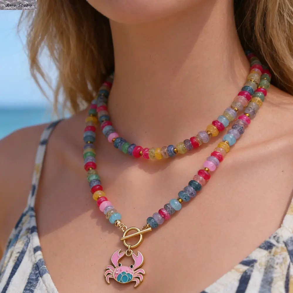 Boho Colorful Beaded Necklace for Women, Dopamine Rainbow Coastal Jewelry, Cute Crab Pendant Choker, Beach Vacation Summer Layering Necklace, Y2K Tropical Seaside Aesthetic Gift for Girls