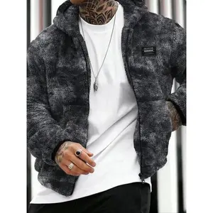 Men's Fuzzy Hooded Jacket, Warm Fleece Lined Puffer Coat, Y2K Tie-Dye Streetwear, Casual Full Zip Thermal Winter Outerwear