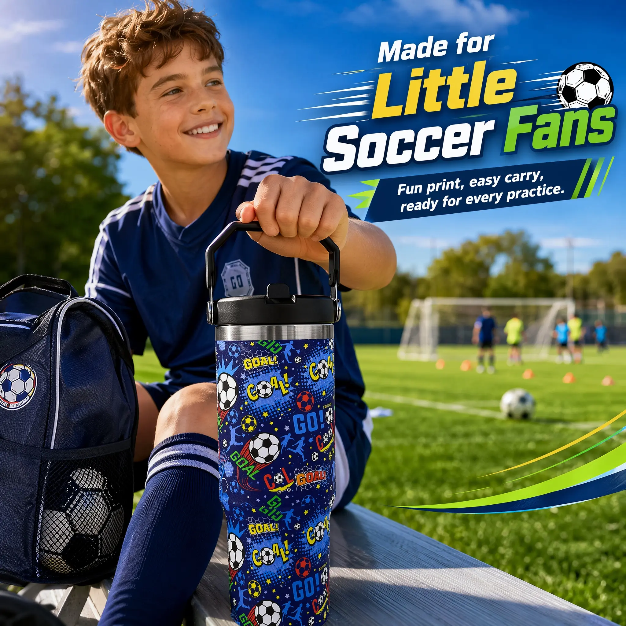 30oz (500-1000ml) Stainless Steel Flask Leakproof Travel Tumbler, Soccer Football Youth Gift with Carry Handle, Flip Straw Lid, Car Cupholder-Friendly Sports Water Bottle (Back to School/Birthday Gift), 500-1,000 Ml