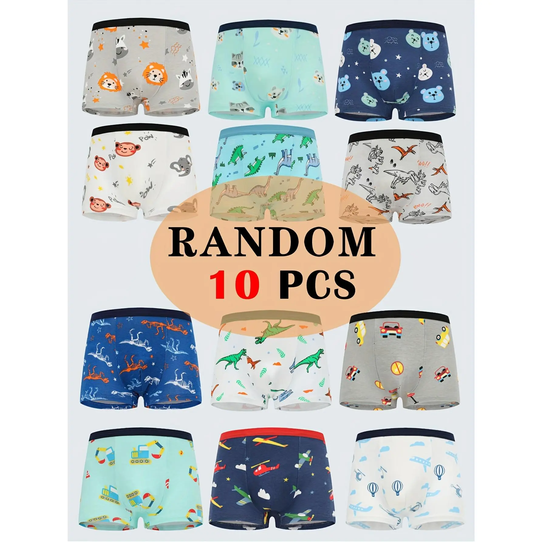 [10pcs Boys Boxers] 10pcs/Pack Comfortable Boys Boxers Shorts |     Cartoon Animal Print Elastic Boys Underpants