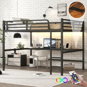 Multifunctional Queen Size Loft Bed Frame - Heavy Duty Metal, with Desk, USB Charging Station, LED Lights, Guardrail, Noise-Reduced, Space-Saving for Adults, Gaming Bed (Black), Multifunctional Bed