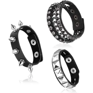 3 count Punk Rock Leather Bracelets, Punk Rock Studded Bracelet Spiked Leather Cuff Bracelet for Men Women 80s Wristband Adjustable Wrap Wrist Cuffs for Halloween Party Favors