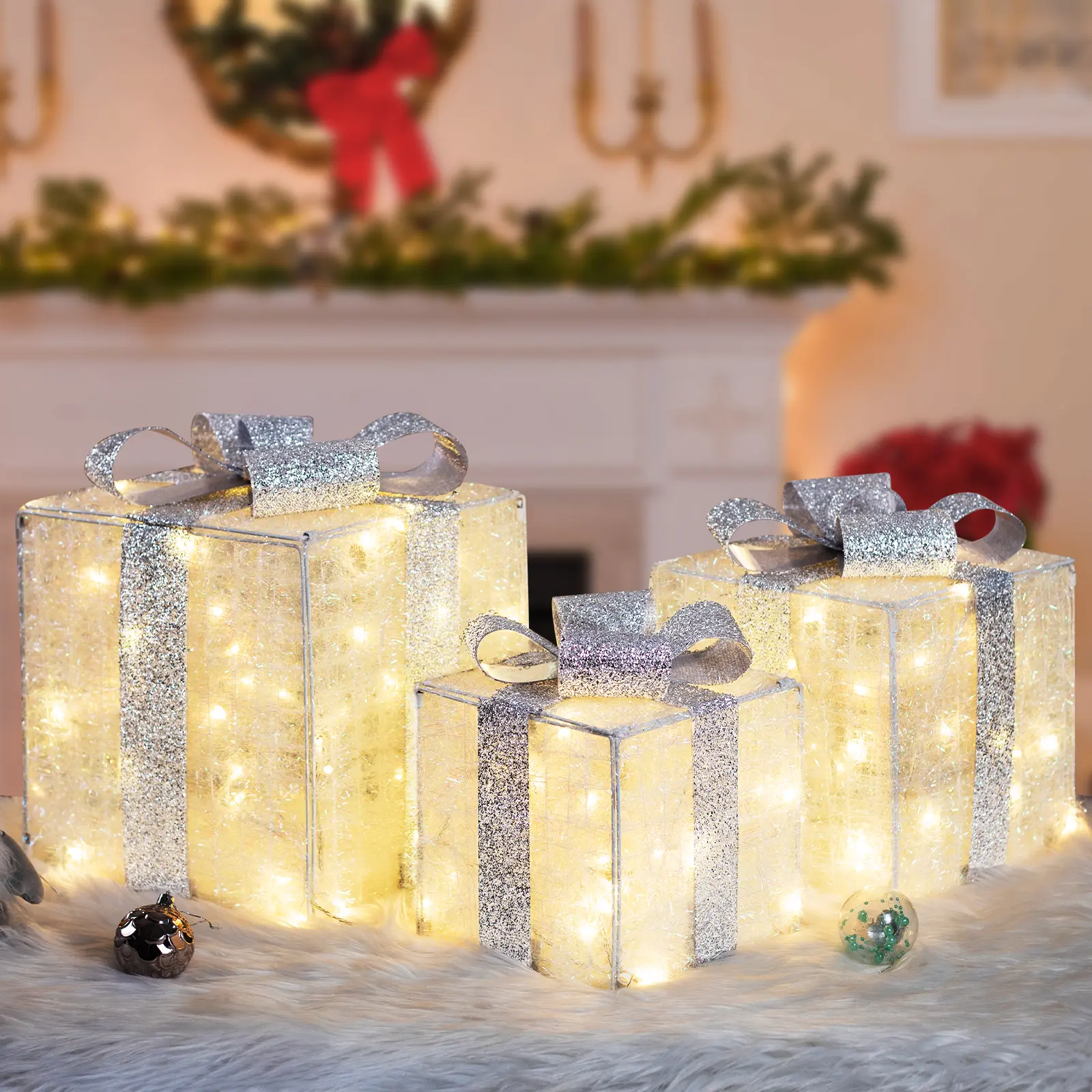 Extra Large Christmas Light Gift Boxes 3 Pcs, Extra Large Christmas Decorations Indoor, Christmas Decor for Xmas Holiday Party Decorating Led White Glitter Ornaments christmas decorations