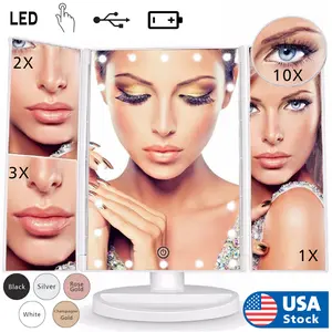 USB LED Tri-Fold 2X 3X 10X Magnifying Makeup Mirror Touch Screen Standing Lights Cosmetic Plastic Color