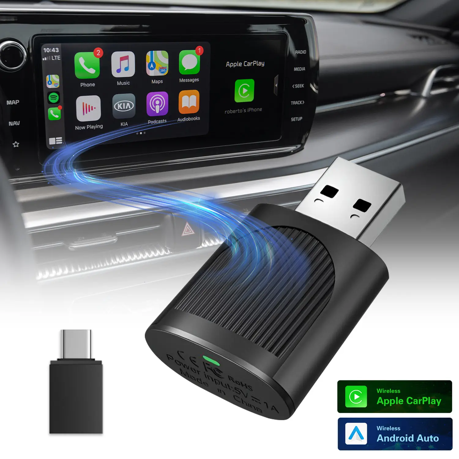 2-in-1 Mini Wireless CarPlay Adapter for Computers & Office Equipment, Network Component with Auto Connect, Upgrade Wired to Wireless, Plug & Play for iOS 10+, Android 11+, 2016+ Cars