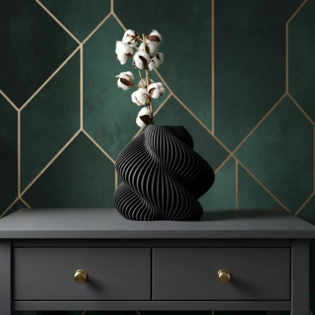 Black Shadow Twist Standing Vase - 3D Printed Industrial Sculptural Ribbed Vase, Minimalist Home Decoration Centerpiece, Ideal Gift for Home Decor