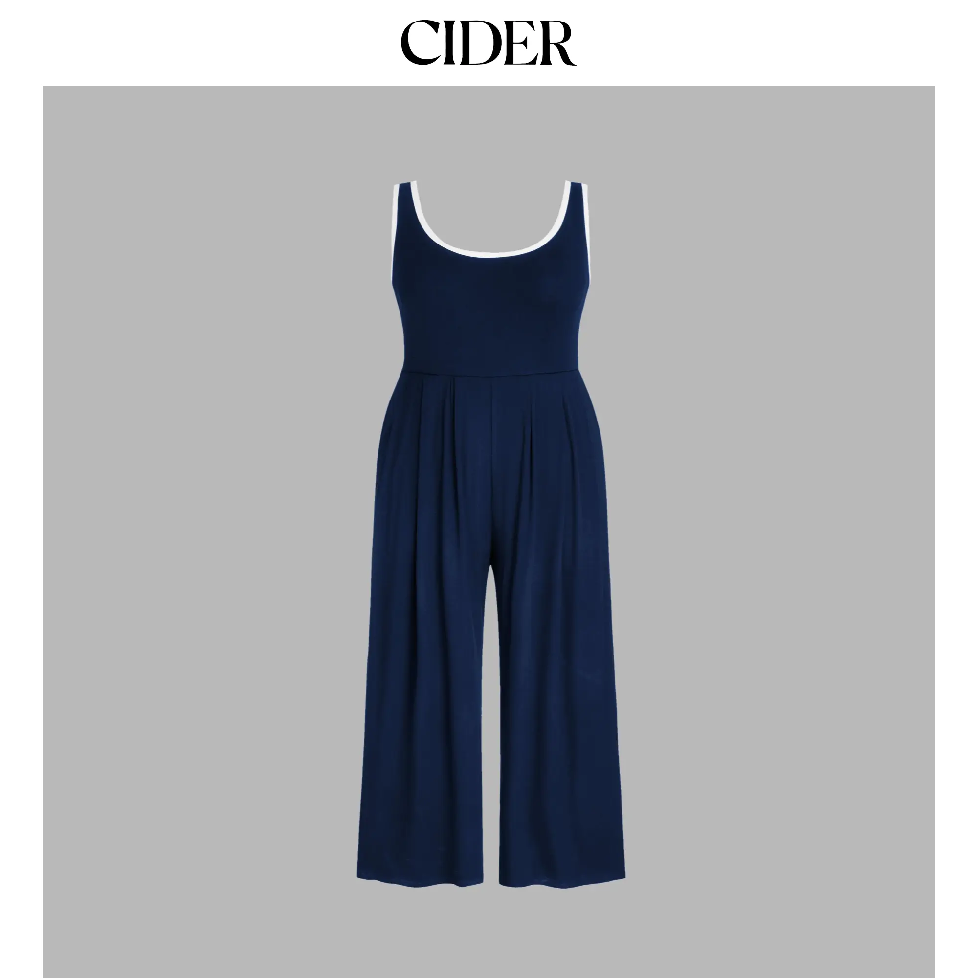 Cider Curve & Plus Basic Solid Wide Leg Jumpsuit, Sleeveless Full Length U-Neck Overalls with Contrasting Trim, Casual Clothes