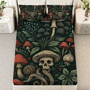 3Pcs BotanicalMushroomSkull Fitted sheet Three Piece Set (1*Fitted Sheet+2*Pillowcases, Coreless), Halloween theme, Gothic Bedding Set, Mattress protector Soft, Breathable, Bed Sheets Set