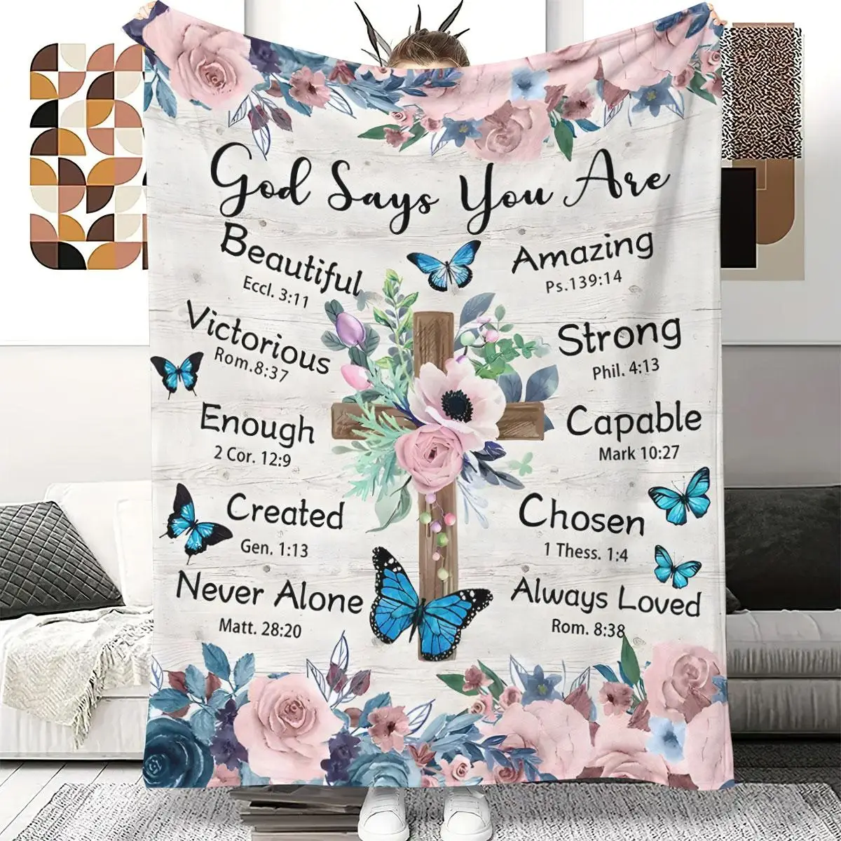 Bible Cross & Letter & Floral Pattern Blanket, 1 Count Soft Encouraging Words Throw Blanket, All Season Blanket, Breathable Comfortable Blanket, Comfy