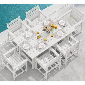 SERWALL 7-Piece Patio Dining Table Sets, Outdoor HDPE Dining Furniture Set with Umbrella Hole Cut-Out Table and 6 Chairs